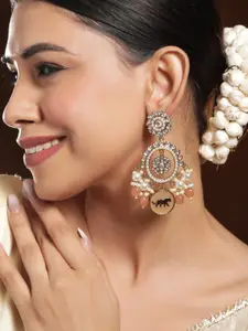Rubans 18K Mehandi Gold-Plated Kundan, White & Peach Pearl and  Beads Chandlier Earrings