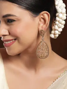 Rubans 22K Mehandi Gold-Plated Crystal & Zircon Studded Traditonal Drop Earrings