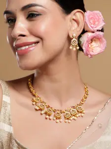 Rubans 22K Gold-Plated Ruby & Emerald Cubic Zicronia Stone Necklace Set with Pearl Drops