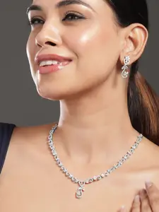 Rubans Rhodium-Plated White Cubic Zirconia Studded Leaf Motif Necklace Set