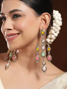 Rubans 22K Mehandi Gold-Plated Classic Gemstone & Zirconia Studded Chandelier Earrings