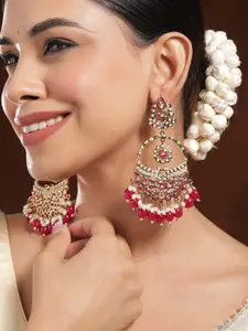Rubans 18K Mehandi Gold-Plated Red Beaded & Pearl Accented Traditional Chandbali Earrings