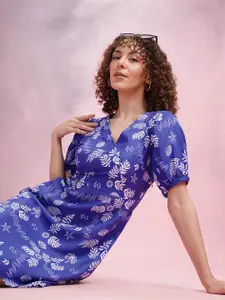 DressBerry Printed Faux Wrap Puff Sleeve A-Line Dress