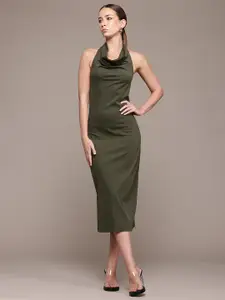 bebe Future Glam Halter Neck Backless Sheath Midi Dress