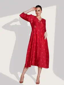 Dora Dori Ethnic Motifs Print Puff Sleeve A-Line Midi Dress