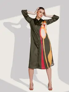Dora Dori Abstract Printed Satin Shirt Midi Dress