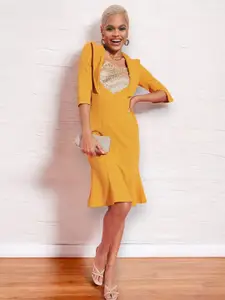 Miss Chase Women Solid Sequin Panelled Midi Dress