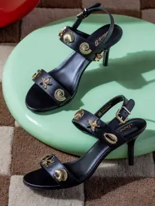 Saint G Women Leather Open Toe Stiletto Heel Sandals with Buckles