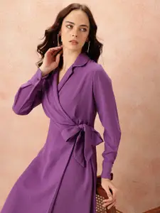 all about you Shirt Collar Cuffed Sleeves Wrap Dress
