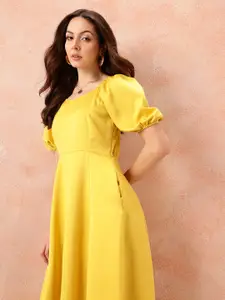 all about you Sweetheart Neck Puff Sleeves Satin Fit & Flare Midi Dress