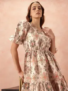 all about you Ethnic Motifs Print Puff Sleeves Wrap-Style Dress