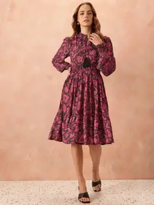 all about you Ethnic Motifs Print Tie-Up Neck Puff Sleeve Fit & Flare Dress