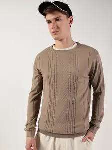 Thomas Scott Men Cable Knit Round Neck Cotton Pullover Ribbed Sweater