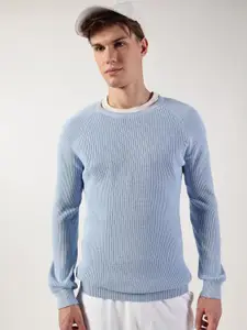 Thomas Scott Men Ribbed Self Design Round Neck Cotton Pullover Ribbed Sweater