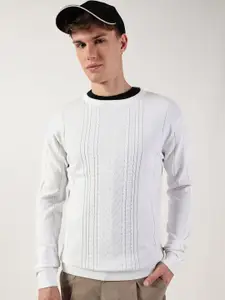 Thomas Scott Men Cable Knit Round Neck Cotton Pullover Ribbed Sweater