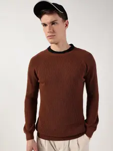 Thomas Scott Men Ribbed Self Design Round Neck Cotton Pullover Ribbed Sweater