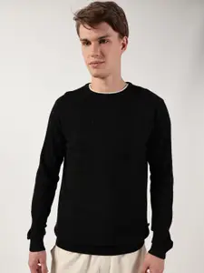 Thomas Scott Men Cable Knit Round Neck Cotton Pullover Ribbed Sweater