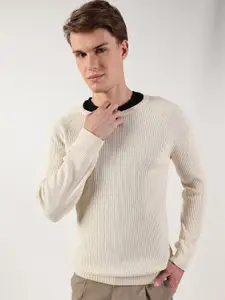 Thomas Scott Men Ribbed Self Design Round Neck Cotton Pullover Ribbed Sweater