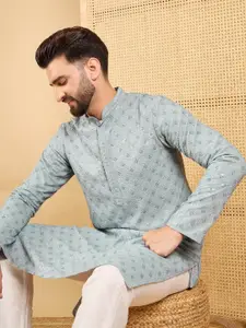 Ethnic Bay Geometric Embroidered Chikankari Work Mandarin Collar Straight Kurta