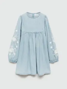 Mango Kids Girls Pure Cotton Embroidered Denim Dress