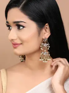 Rubans 18K Mehandi Gold-Plated Pink & White Kundan Studded Chandbali-Jhumka Hybrid Earring