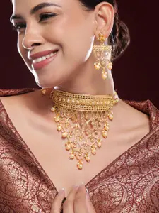 Rubans 22K Gold-Plated Choker Necklace Set With Pearls & Intricate Layered Design