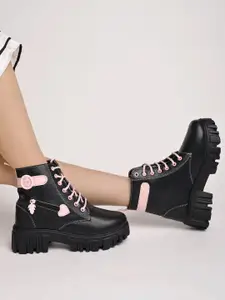 Shoetopia Women Round Toe Mid-Top Block-Heeled Lace-Ups Chunky Boots