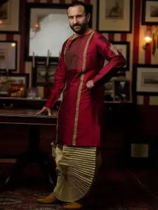 House of Pataudi Jashn Ethnic Motifs Embroidered Zari Work Angrakha Style Kurta