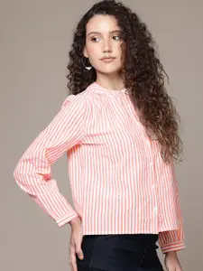 The Roadster Lifestyle Co. Vertically Striped Mandarin Collar Casual Shirt