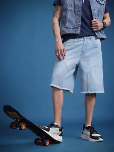 The Roadster Life Co. Men Cotton Washed Denim Relaxed Fit Frayed Jorts