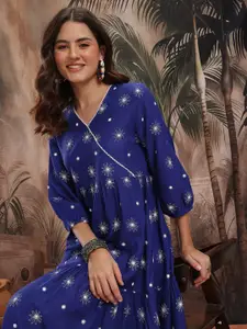 Sangria Printed Pleated Tiered Midi Wrap Style Dress