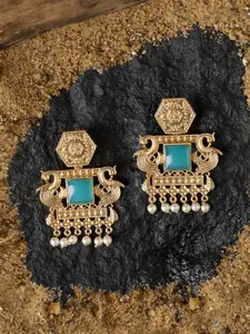 Zaveri Pearls Gold-Plated Peacock Shaped Stone Studded & Beaded Drop Earrings