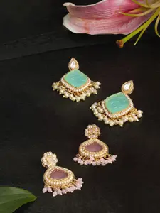 Zaveri Pearls Set of 2 Gold-Plated Teardrop Shaped Stone Studded & Beaded Drop Earrings