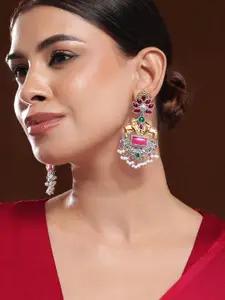 Rubans Silver & Gold-Plated Oxidised Pink Enamel Kundan Studed Chandbali with Pearl Detail