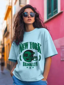 JUNEBERRY Women Typography Printed Round Neck Pure Cotton Oversized T-shirt