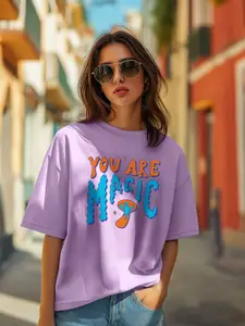 JUNEBERRY Women Typography Printed Round Neck Pure Cotton Oversized T-shirt