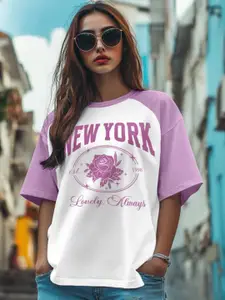 JUNEBERRY Women Typography Printed Round Neck Pure Cotton Oversized T-shirt