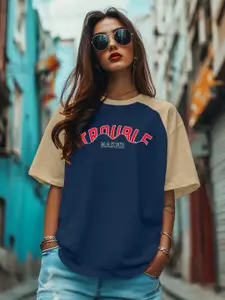 JUNEBERRY Women Typography Printed Round Neck Pure Cotton Oversized T-shirt