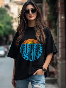 JUNEBERRY Women Typography Printed Round Neck Pure Cotton Oversized T-shirt