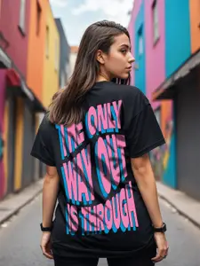 JUNEBERRY Women Typography Printed Round Neck Pure Cotton Oversized T-shirt