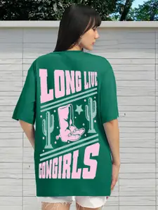 JUNEBERRY Women Typography Printed Round Neck Pure Cotton Oversized T-shirt