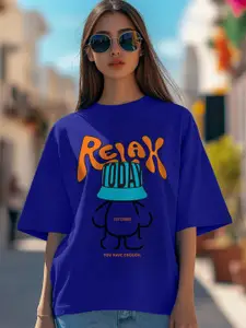 JUNEBERRY Women Typography Printed Round Neck Pure Cotton Oversized T-shirt