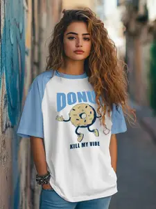 JUNEBERRY Women Typography Printed Round Neck Pure Cotton Oversized T-shirt