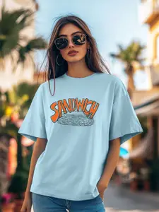 JUNEBERRY Women Typography Printed Round Neck Pure Cotton Oversized T-shirt