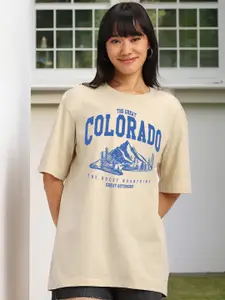 JUNEBERRY Women Typography Printed Round Neck Pure Cotton Oversized T-shirt