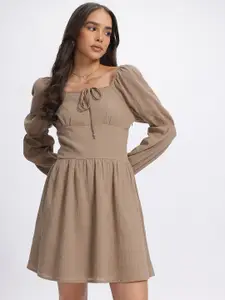 DressBerry Puff Sleeves Textured A-Line Dress
