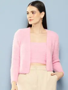 Chemistry Women Woollen Fuzzy Finish Open Front Sweater with Matching Inner Vest