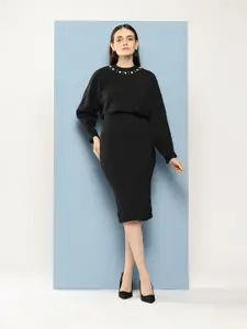 Chemistry Woollen Crop Embellished Neck Sweater With Bodycon Dress Co-Ords