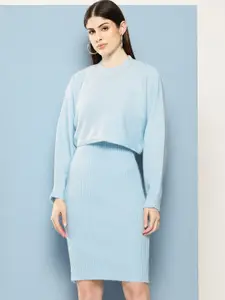 Chemistry Woollen Crop Embellished Neck Sweater With Bodycon Dress Co-Ords