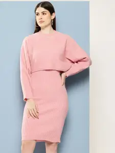 Chemistry Woollen Crop Embellished Neck Sweater With Bodycon Dress Co-Ords